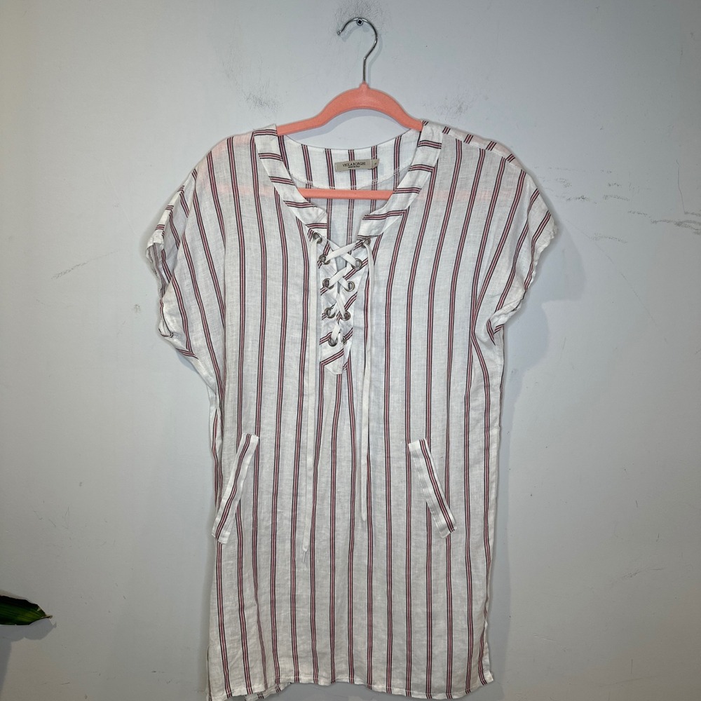 Minimalist Italy 100% Linen Striped Lace Up Tunic Coverup Resort‎ Dress SMALL